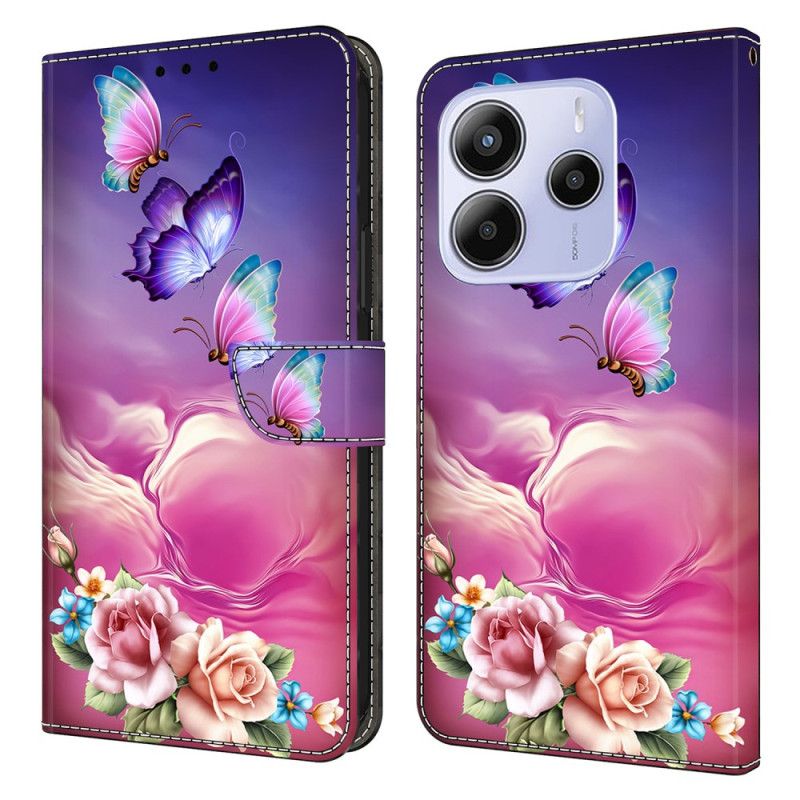 Lærdeksel Folio Deksel Xiaomi Redmi Note 14 4g Mobildeksel Blomstersommerfugler