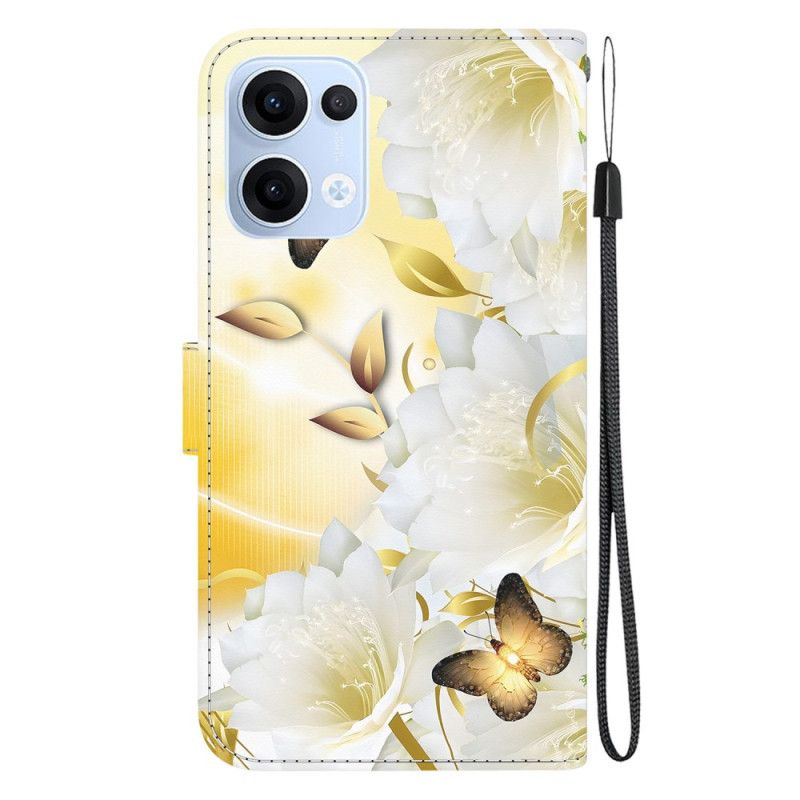 Lærdeksel Folio Deksel Oppo Reno 13 5g Mobildeksel Gullsommerfugler Og Hvite Blomster