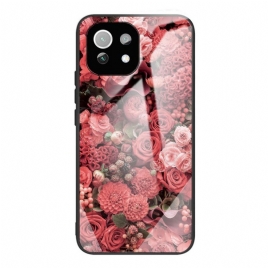 Deksel Til Xiaomi Mi 11 Lite 5G NE / Mi 11 Lite 4G / 5G Rosa Blomster Av Herdet Glass