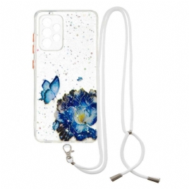 Deksel Til Samsung Galaxy A72 4G / 5G Blomstret Sommerfugl Med Snor