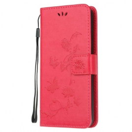 Folio Deksel Til Samsung Galaxy A72 4G / 5G Med Kjede Thong Sommerfugler Og Blomster
