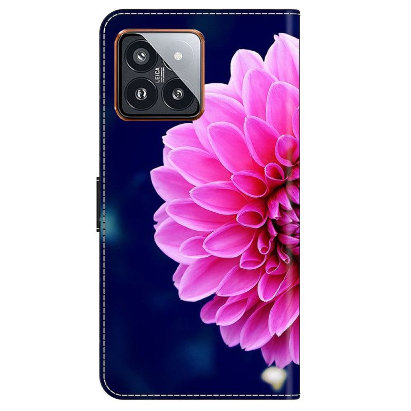 Folio Deksel Til Xiaomi 14 Pro Rosa Blomst På Blå Bakgrunn