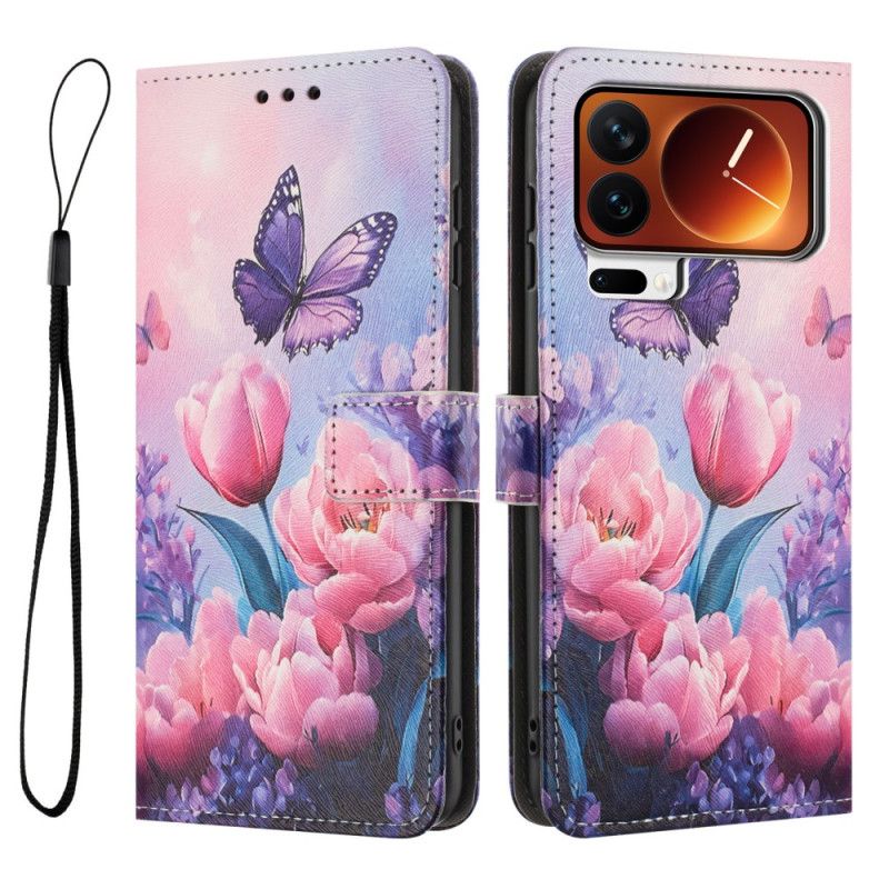 Folio Deksel Xiaomi 17 Pro Max Sommerfugl Og Rosa Blomster