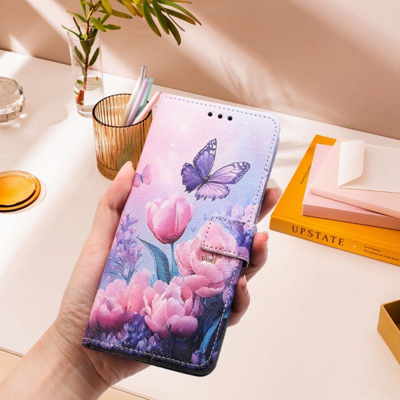 Folio Deksel Xiaomi 17 Pro Max Sommerfugl Og Rosa Blomster