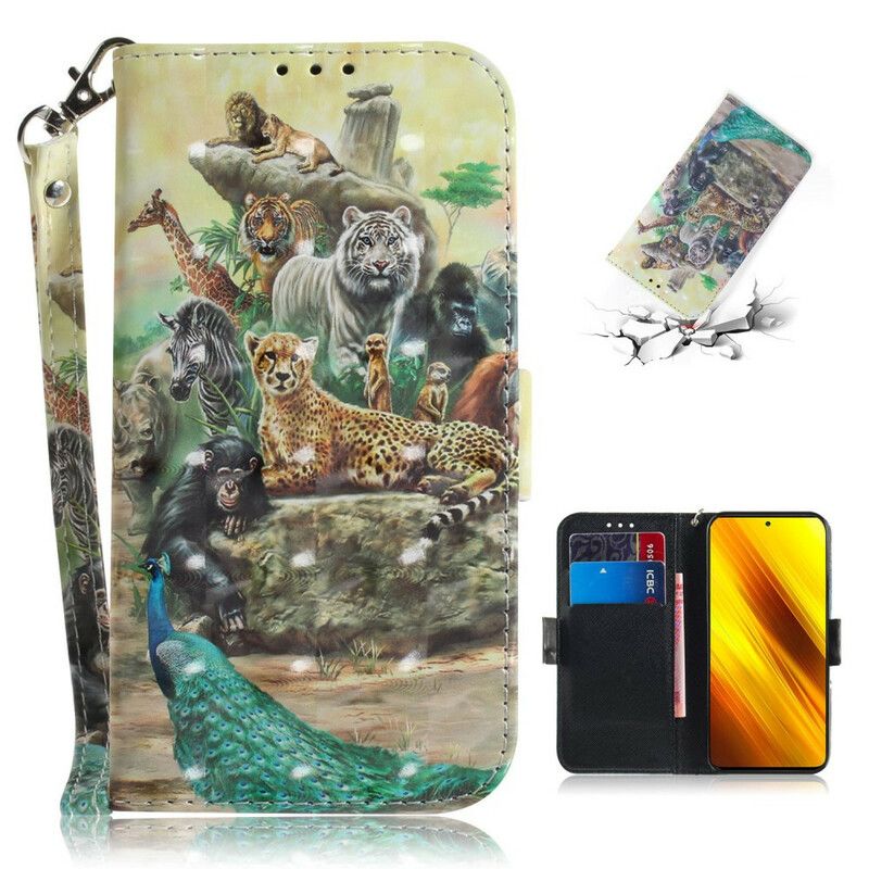 Folio Deksel Til Poco X3 / X3 Pro / X3 NFC Med Kjede Thong Safari Dyr