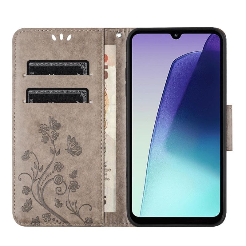 Lærdeksel Folio Deksel Poco C75 Blomster Og Sommerfugler Med Snor