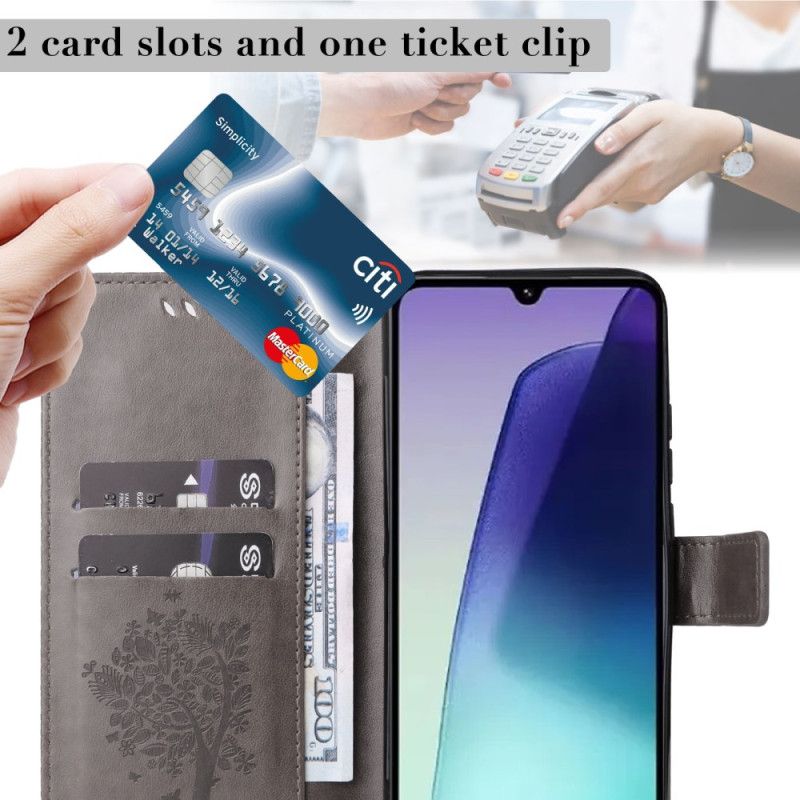 Lærdeksel Folio Deksel Poco C75 Mobildeksel Katt Og Tre Med Stropp