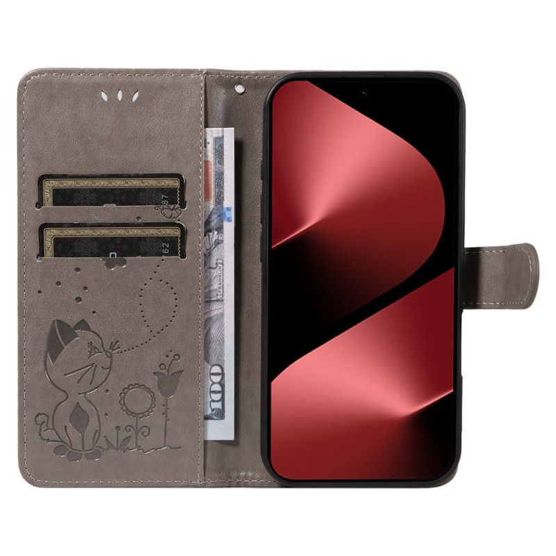 Lærdeksel Folio Deksel Huawei Pura 80 Pro Mobildeksel Katt Og Bie