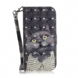 Lærdeksel Til Samsung Galaxy A41 Med Kjede Grå Strappy Cat