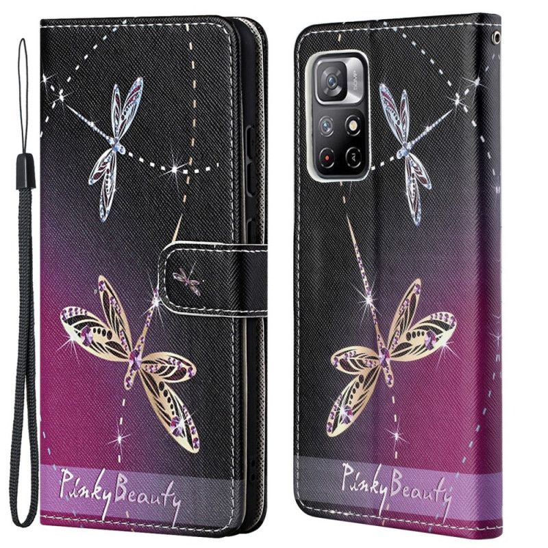 Folio Deksel Til Poco M4 Pro 5G Med Kjede Thong Dragonflies