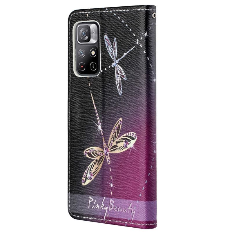 Folio Deksel Til Poco M4 Pro 5G Med Kjede Thong Dragonflies