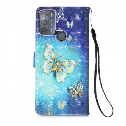 Folio Deksel Til Moto G50 Golden Butterflies Lanyard