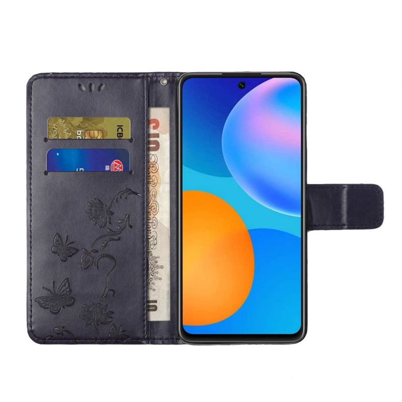 Folio Deksel Til Samsung Galaxy M52 5G Med Kjede Thong Sommerfugler Og Blomster