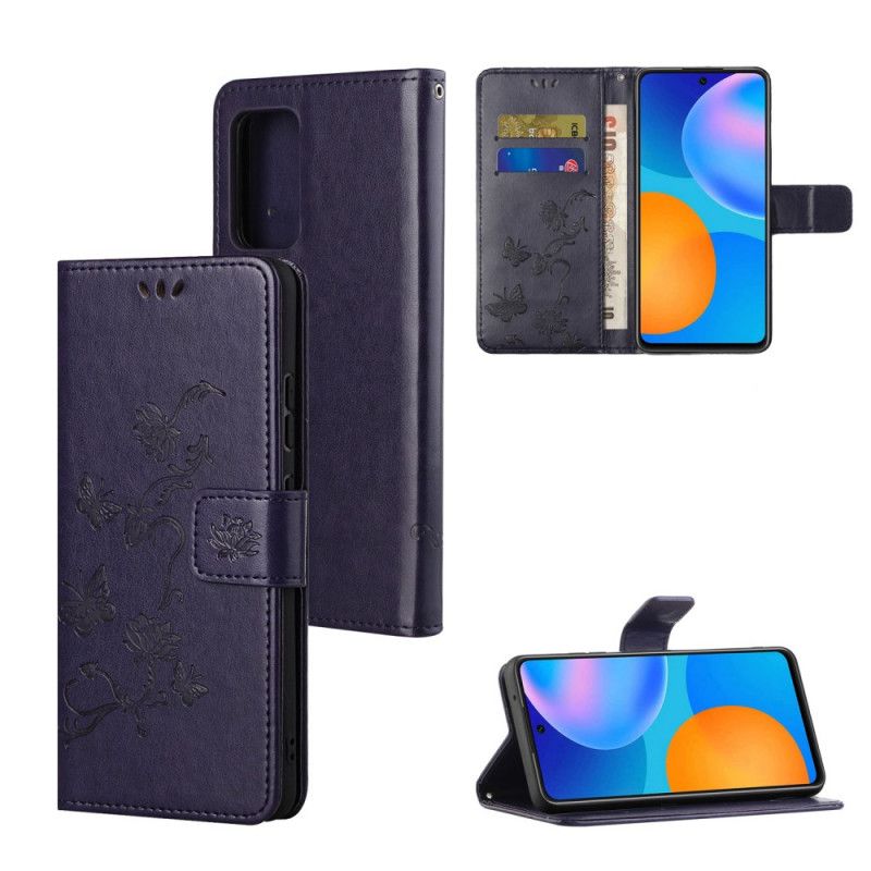 Folio Deksel Til Samsung Galaxy M52 5G Med Kjede Thong Sommerfugler Og Blomster
