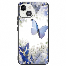 Deksel Til iPhone 14 Blå Sommerfugler Herdet Glass