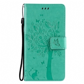 Folio Deksel Til Samsung Galaxy M12 / A12 Med Kjede Tre Og Strappy Cat