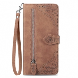 Lærdeksel Folio Deksel Samsung Galaxy S25 5g Edge Mobildeksel Lommebok Med Blomstermønster Og Glidelås