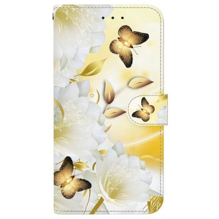 Folio Deksel Til Sony Xperia 10 Vii Gullsommerfugler Og Hvite Blomster
