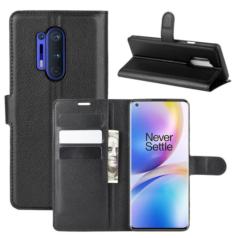 Folio Deksel Til OnePlus 8 Pro Premium Litchi Leather Style