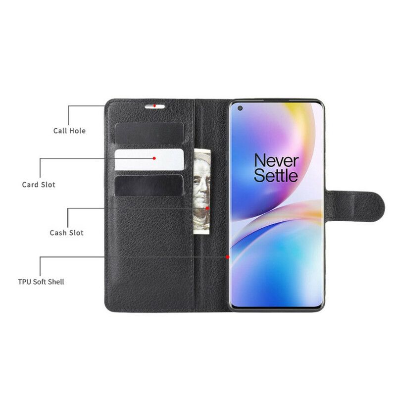 Folio Deksel Til OnePlus 8 Pro Premium Litchi Leather Style