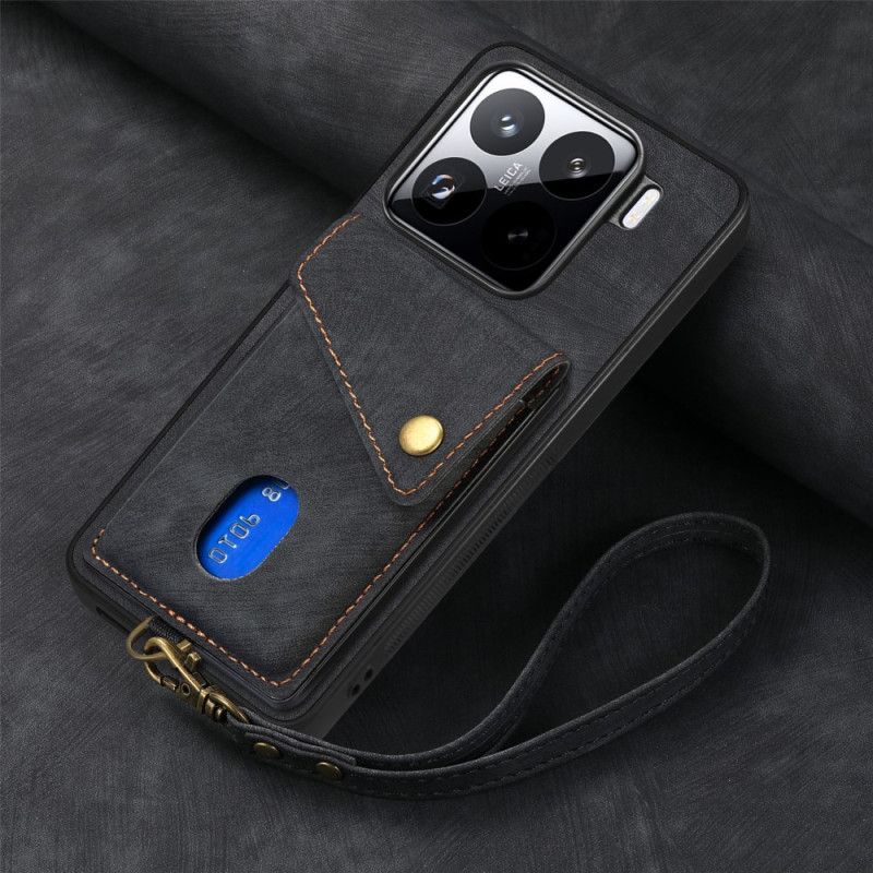 Deksel Xiaomi 15 Mobildeksel Kortholder Og Stropp I Semsket Skinneffekt