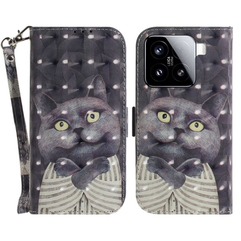 Lærdeksel Folio Deksel Xiaomi 15 Grå Katt Med Stropp