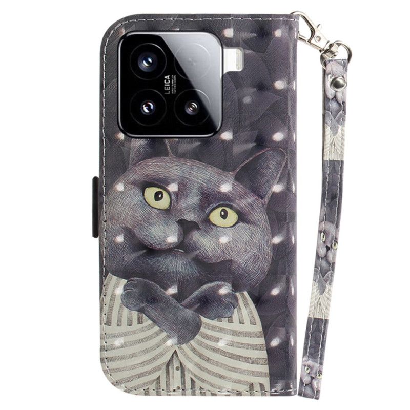 Lærdeksel Folio Deksel Xiaomi 15 Grå Katt Med Stropp