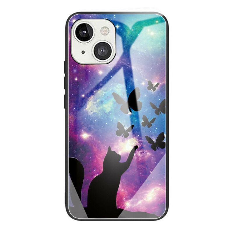 Mobildeksel Til iPhone 13 Mini Katt Og Sommerfugler I Herdet Glass I Verdensrommet