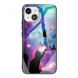 Mobildeksel Til iPhone 13 Mini Katt Og Sommerfugler I Herdet Glass I Verdensrommet