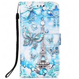 Folio Deksel Til Samsung Galaxy A33 5G Med Kjede Eiffeltårnets Sommerfugler Med Stropp