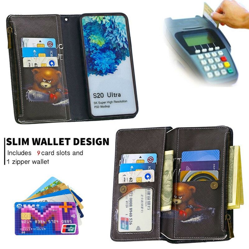 Folio Deksel Til Samsung Galaxy S20 Ultra Bear-glidelåslomme