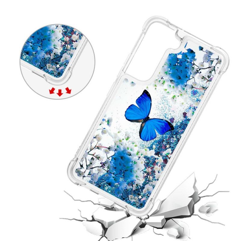 Deksel Til Samsung Galaxy S22 5G Blå Glittersommerfugler