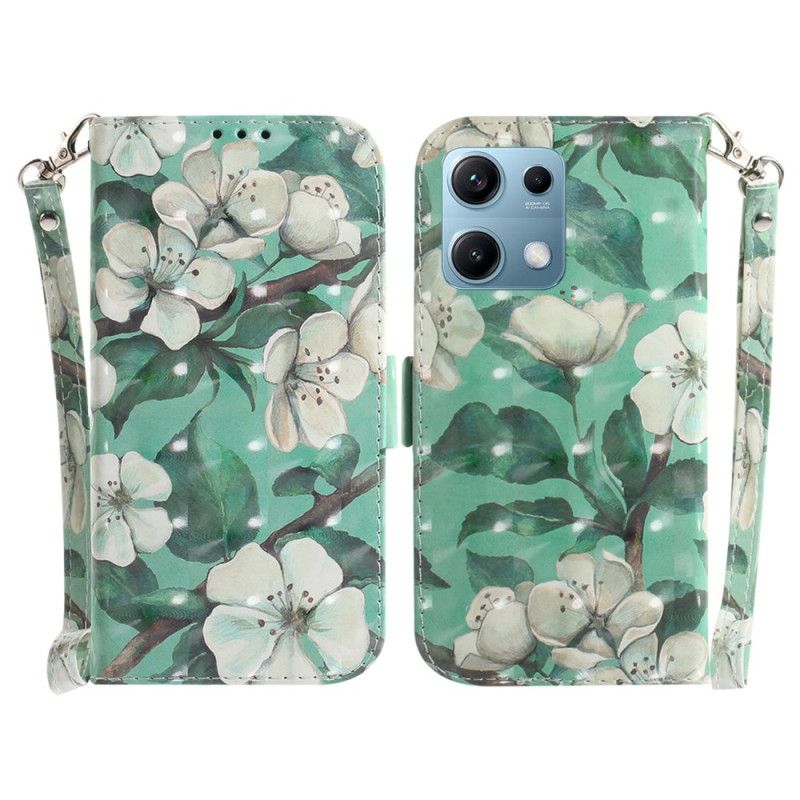 Folio Deksel Xiaomi Redmi Note 14s Hvite Blomster Med Snor