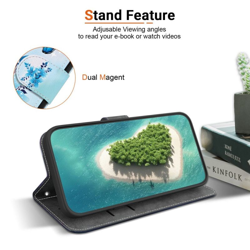 Lærdeksel Folio Deksel Xiaomi Redmi Note 14s Mobildeksel Blå Sommerfugler Og Små Blomster