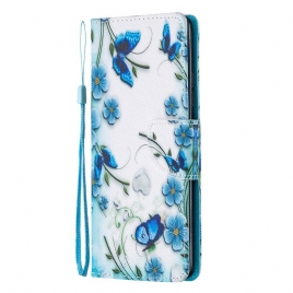 Lærdeksel Til Samsung Galaxy A51 5G Med Kjede Blå Sommerfugler Og Blomster Med Stropp