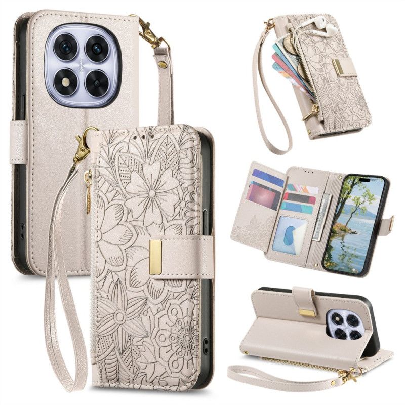 Folio Deksel Til Xiaomi Redmi Note 15 Pro Plus 5g Blomstermønster Og Lomme Med Glidelås