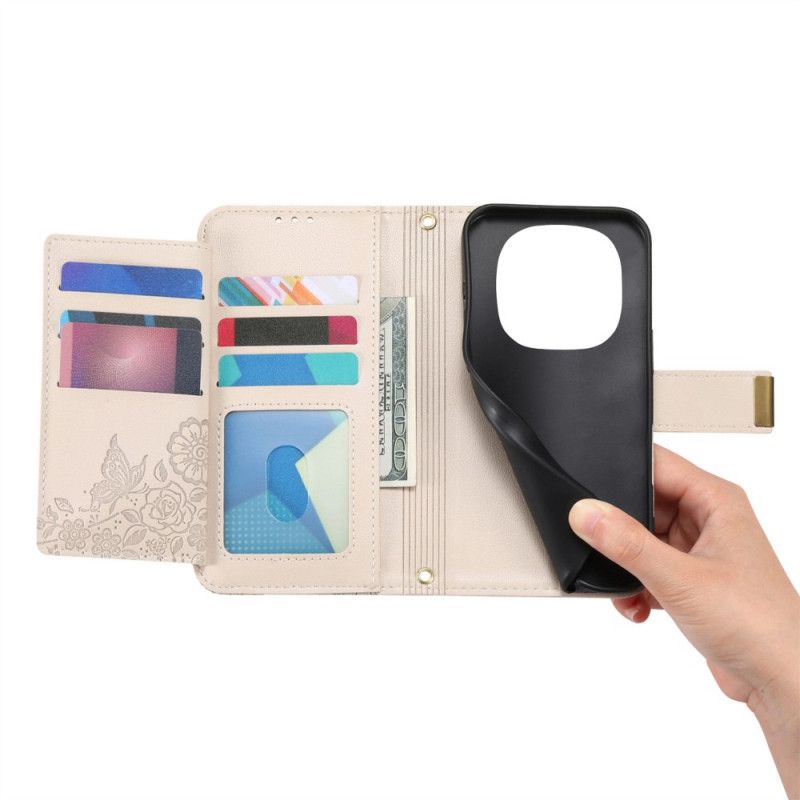 Folio Deksel Til Xiaomi Redmi Note 15 Pro Plus 5g Blomstermønster Og Lomme Med Glidelås