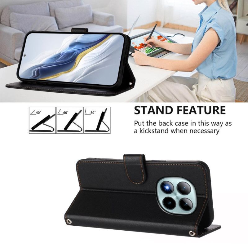 Lærdeksel Folio Deksel Xiaomi Redmi Note 15 Pro Plus 5g Ensfarget Skinneffekt Med Stropp