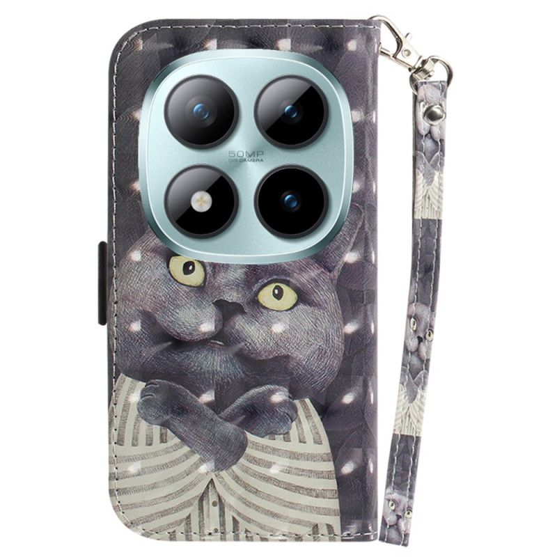 Lærdeksel Folio Deksel Xiaomi Redmi Note 15 Pro Plus 5g Mobildeksel Grå Katt Med Stropp