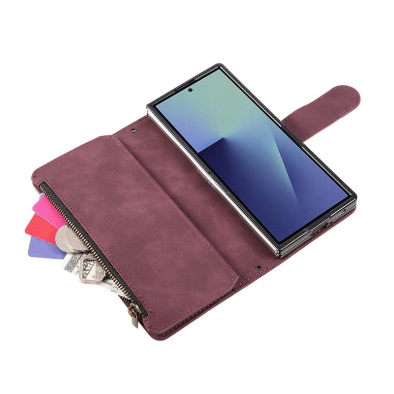 Folio Deksel Samsung Galaxy Z Fold 7 Lommebok Med Semsket Skinneffekt Og Skulderstropp Beskyttelse Deksel