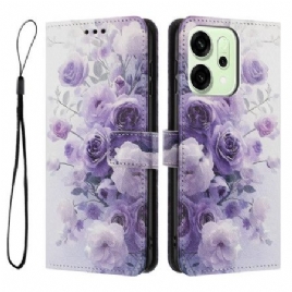 Lærdeksel Folio Deksel Oppo Reno 14f 5g Mobildeksel Lilla Blomster