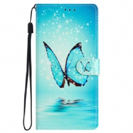 Folio Deksel Samsung Galaxy S24 5g Blå Sommerfugler Med Stropp