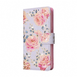 Folio Deksel Til Samsung Galaxy S23 5G Rfid-blomster Med Snor