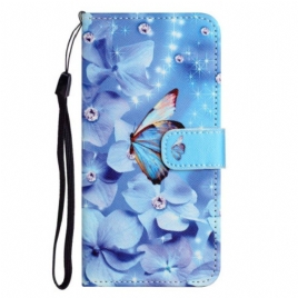 Lærdeksel Til Samsung Galaxy S23 5G Med Kjede Strappy Diamond Sommerfugler