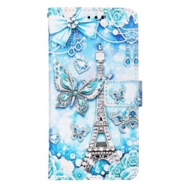 Folio Deksel Til Samsung Galaxy S23 Ultra 5G Med Kjede Eiffeltårnets Sommerfuglstropp