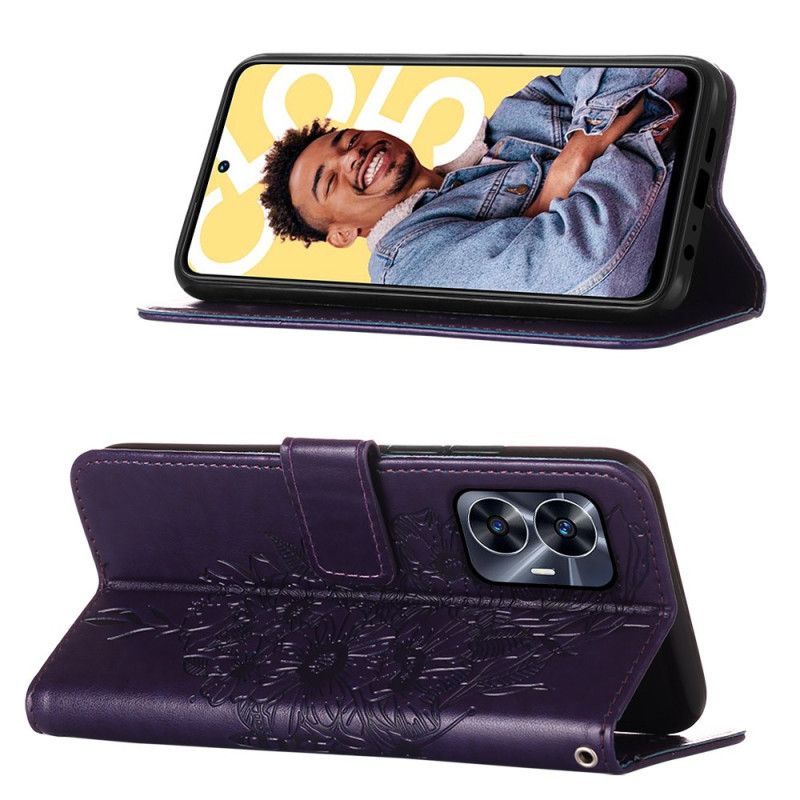 Folio Deksel Realme C55 Lommebok Med Blomstermønster Og Sommerfuglmønster Beskyttelse Deksel