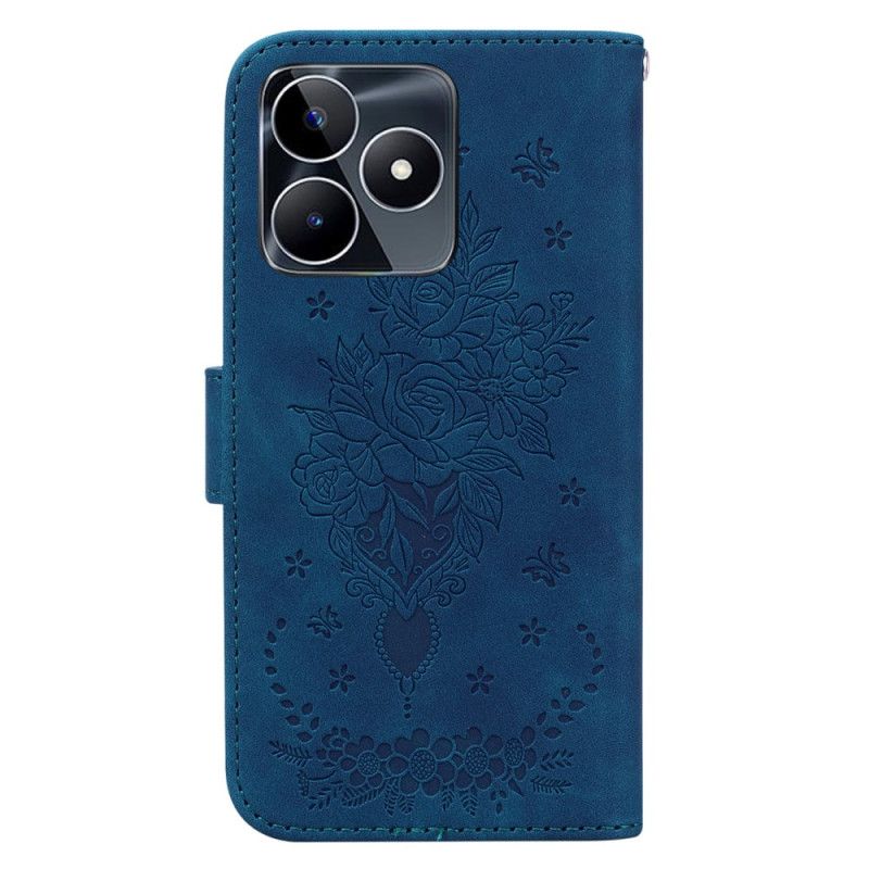 Folio Deksel Til Realme C53 Rose- Og Sommerfuglmønster