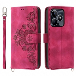 Lærdeksel Folio Deksel Realme C53 Mobildeksel Blomstermønster Med Stropp Og Skulderstropp