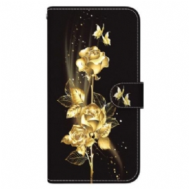 Folio Deksel Til Xiaomi Redmi Note 13 Pro Plus 5g Gull Og Rosa Sommerfugler