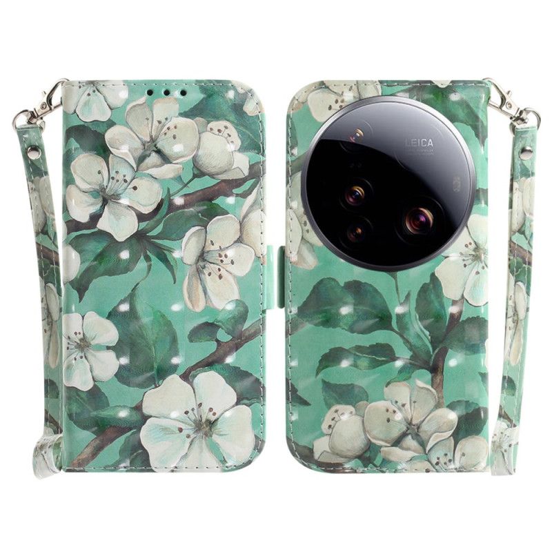 Folio Deksel Xiaomi 15 Ultra Hvite Blomster Med Snor Beskyttelse Deksel